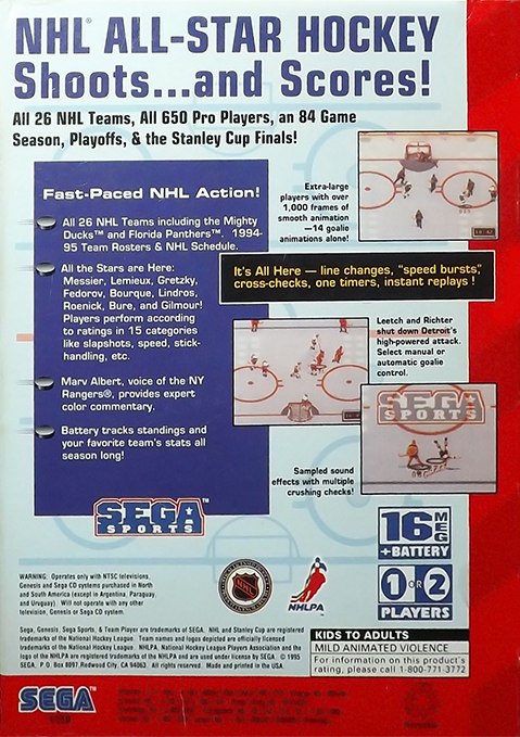NHL All-Star Hockey 95 - back