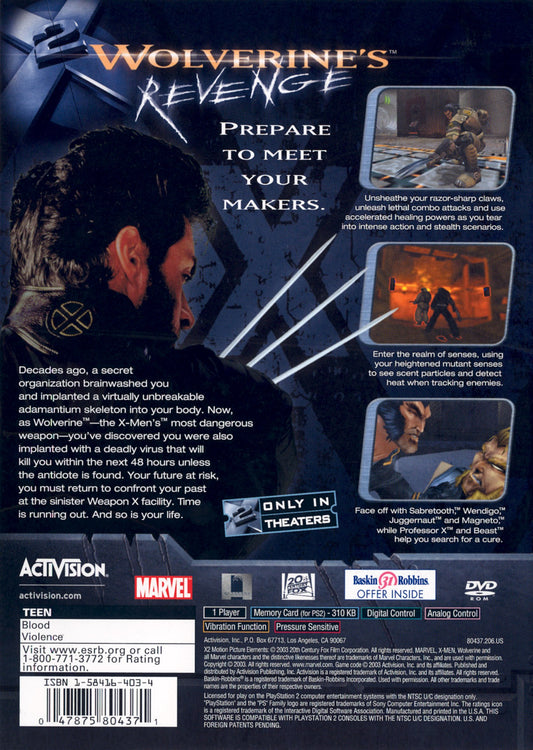 X2 Wolverines Revenge - back